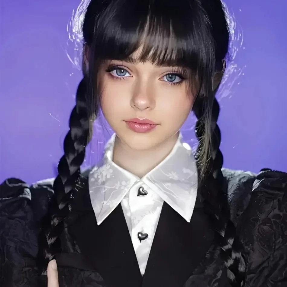 Halloween Spot Adams Family Wednesday Cos Wig High Temperature Silk Full Head Cover Black Double Braids Girls Black Braided Wig