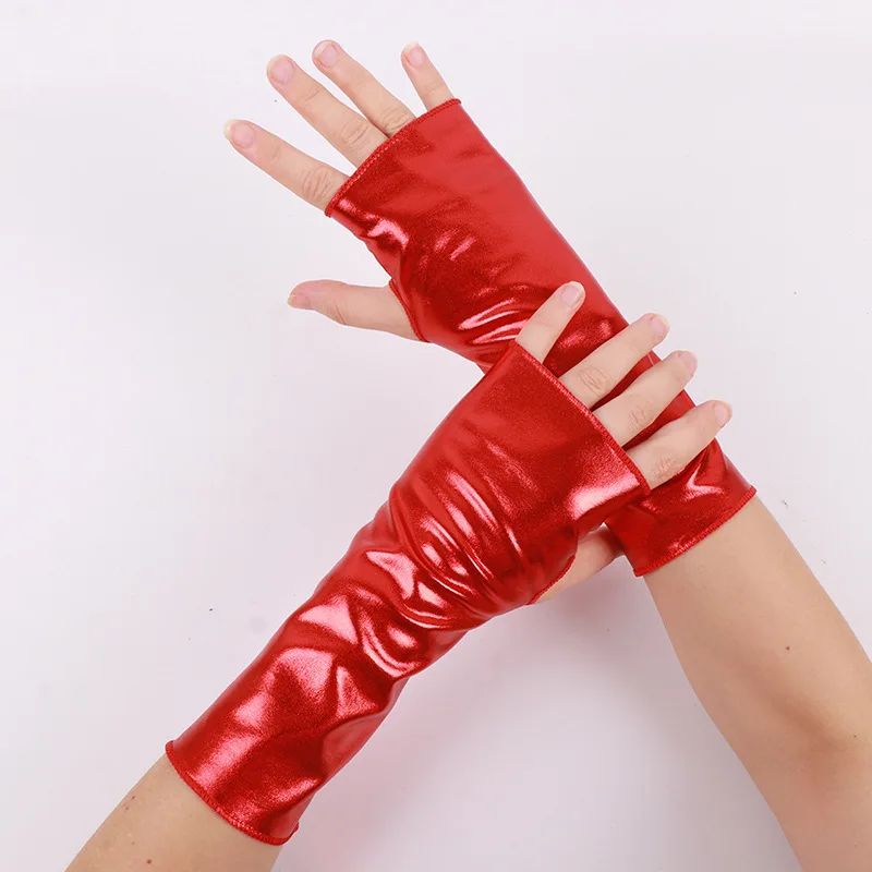 Fingerless Gloves Black Synthetic Leather Short Halloween Punk Hip Hop Patent Leather Stage Show Women Lightweight
