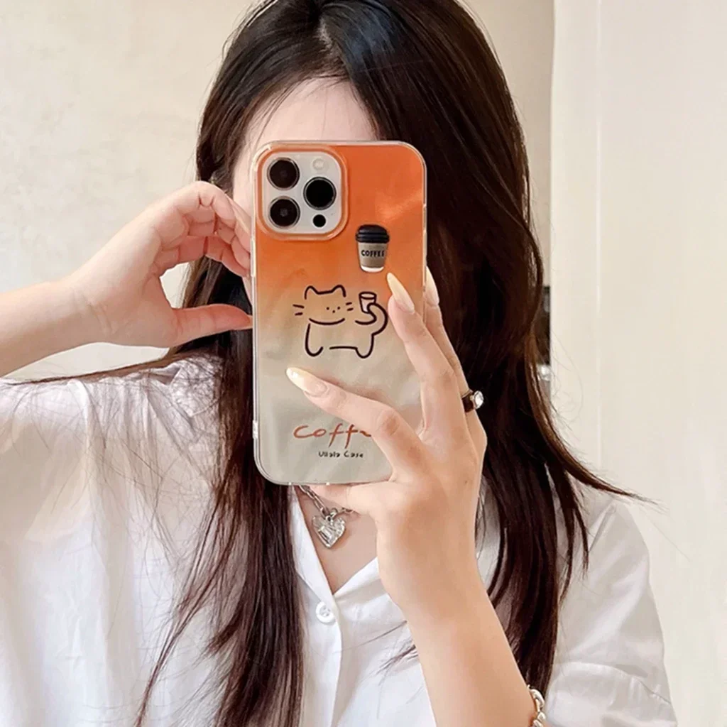 Illusion Color Gradient Stereoscopic Coffee Cute Line Cat Phone Case Cover Case For iPhone 15 14 13 12 11 Pro Max Plus