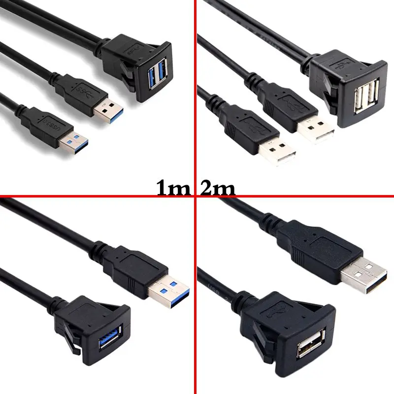 ABS Car Dashboard Audio Dual Port USB 3.0/2.0 Data Charging Extension Cable USB Panel Male to Female Waterproof Extension Cable