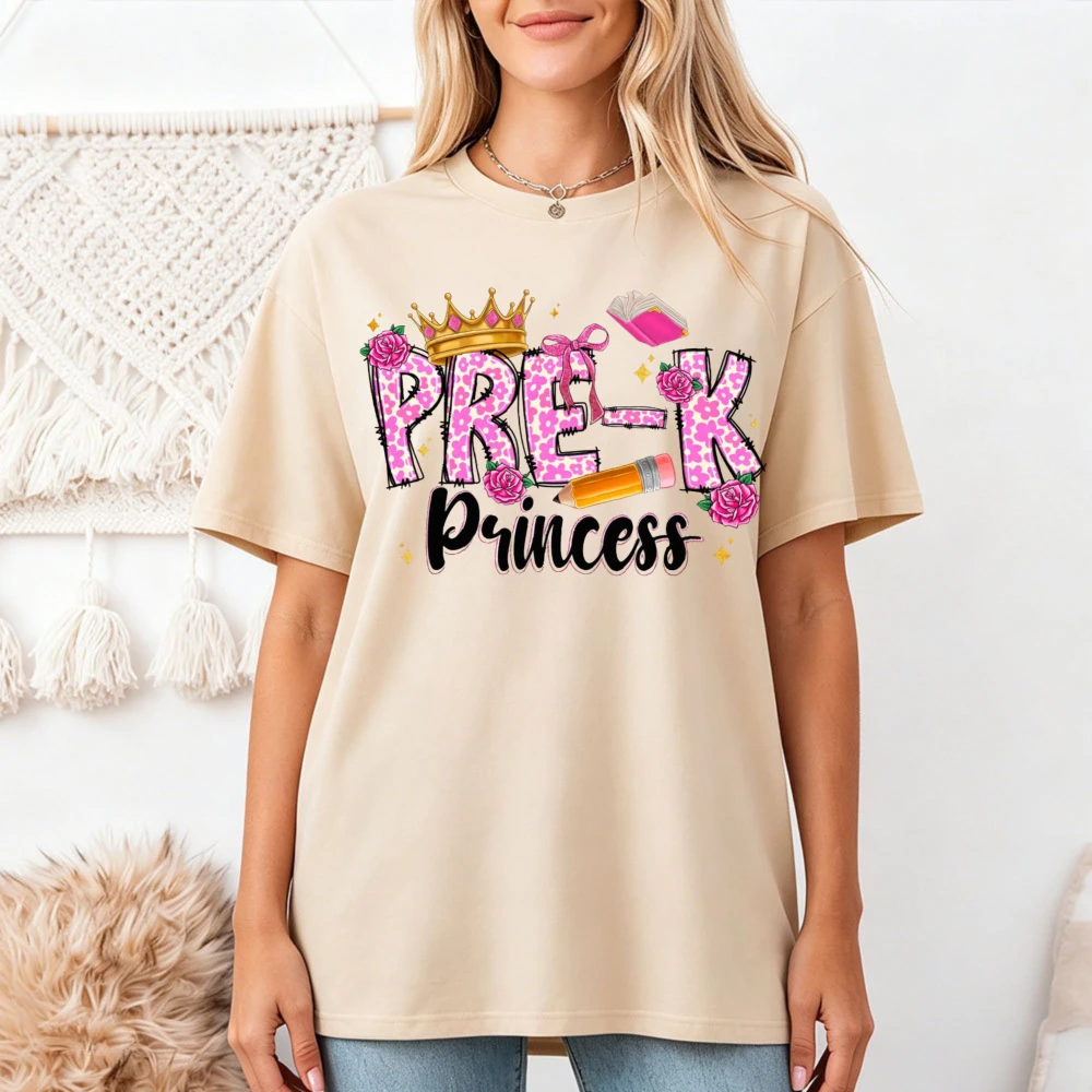 Pre-K Princess Leopard Crown Rose Pencil Book Print Tees Preschool Teacher Casual O Neck Streetwear Tops