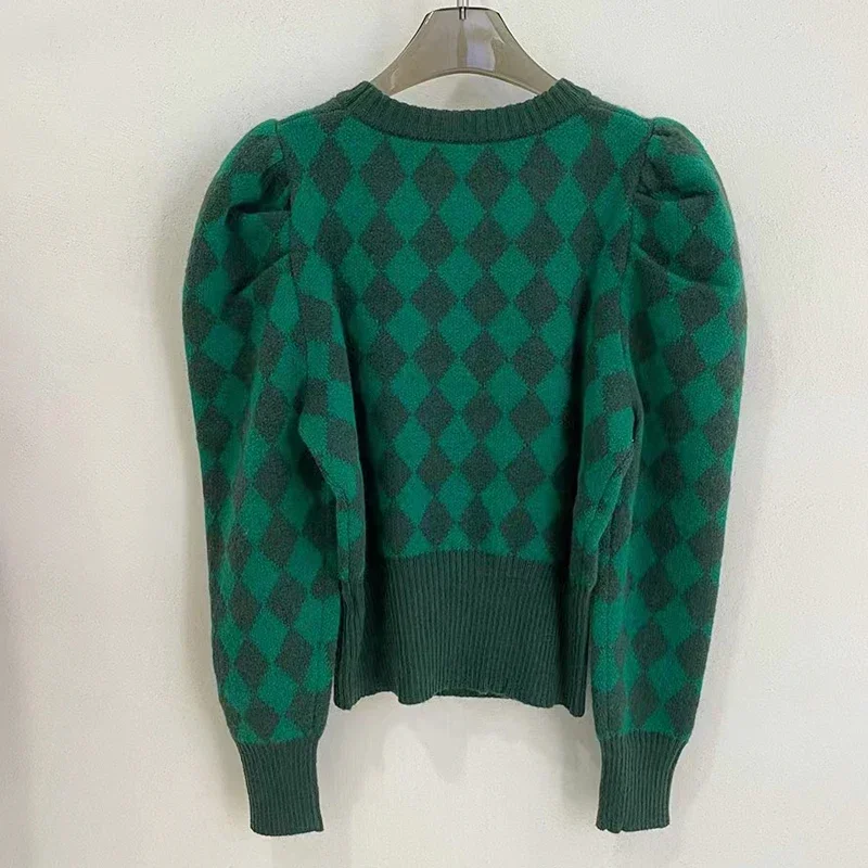 Fall Winter Retro Women O Neck Puff Long Sleeve Cartoon Print Sweaters Female Slim Green Plaid Knitted Pullover Top Sueter Mujer