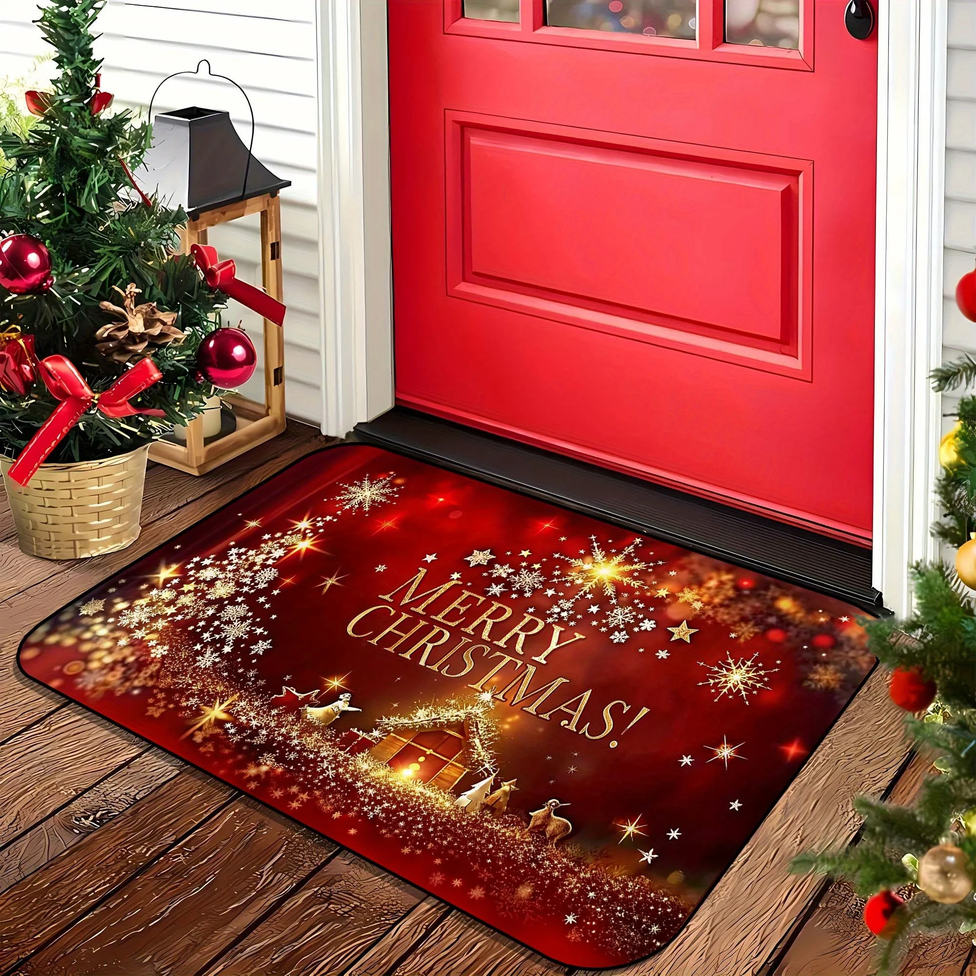 VIKAMA Christmas Doormat Non‑Slip Washable Front Entrance Rug Indoor Outdoor Xmas Star Snowflake Decor Mat for Entryway Hallway
