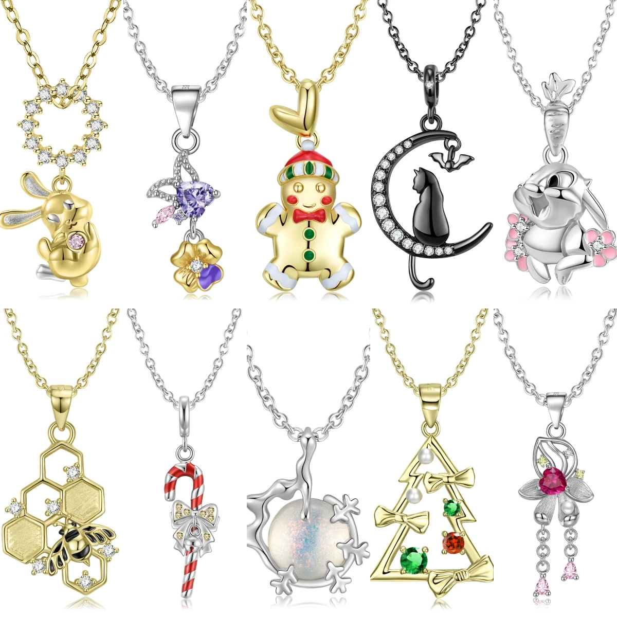 

Christmas Gift 925 Sterling Silver Colour Socks Candy Bow Golden Rabbit Pendant Necklace for Women's Necklace Birthday Gift