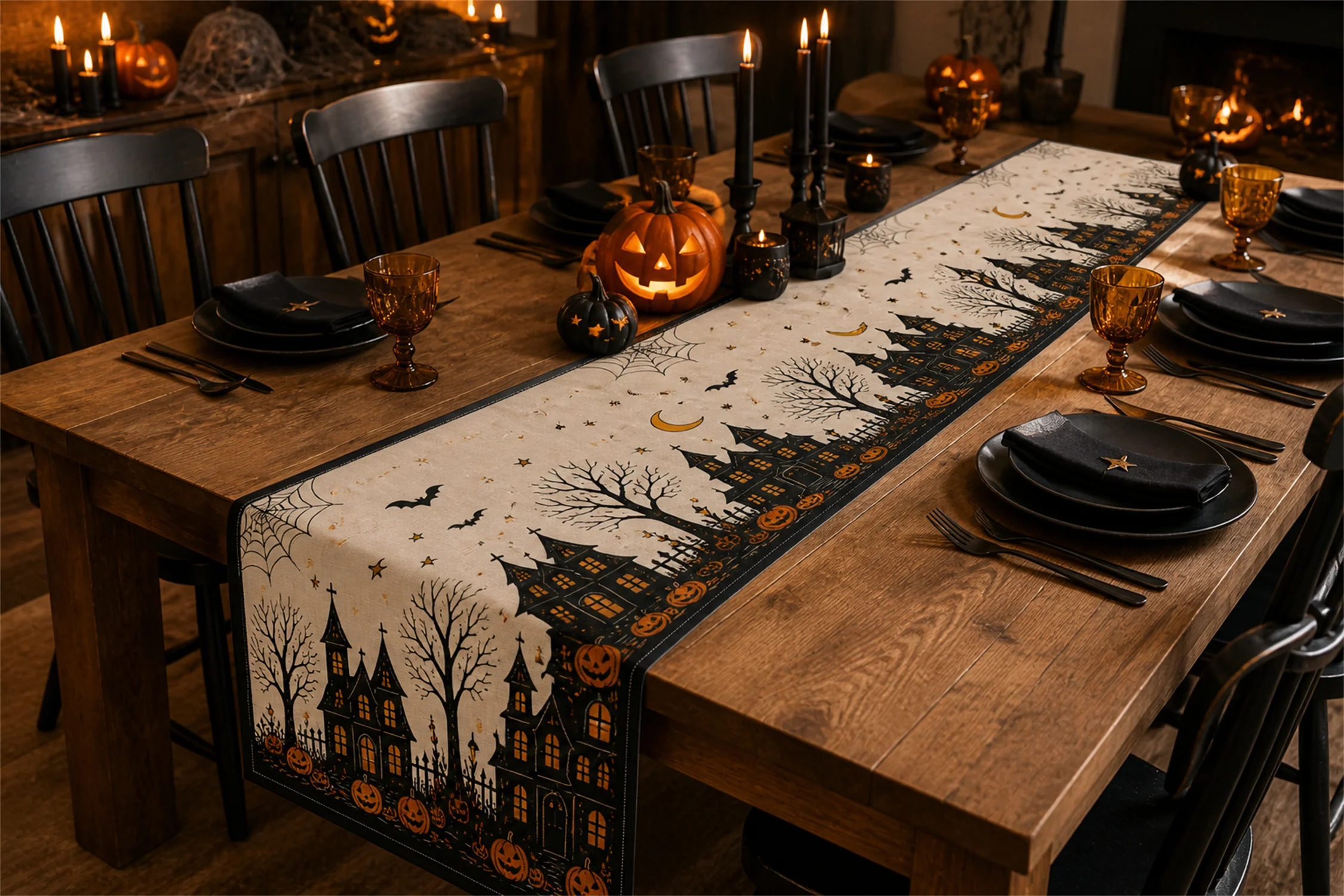 Haunted House Pumpkin Moon Table Runner Gothic Dining Decor Spooky Village Tree Bat Web Home Decoration Party Gift Design