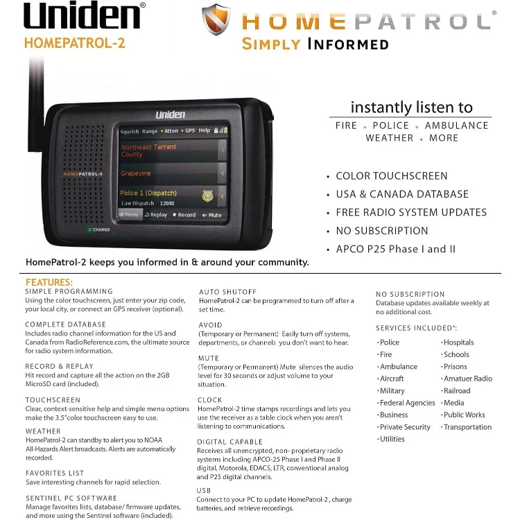 Escáner de pantalla táctil A Color de HomePatrol-2 con TrunkTracker V/S/A/M/E, APCO P25, alertas de emergencia-cubre EE. UU. Y Canadá