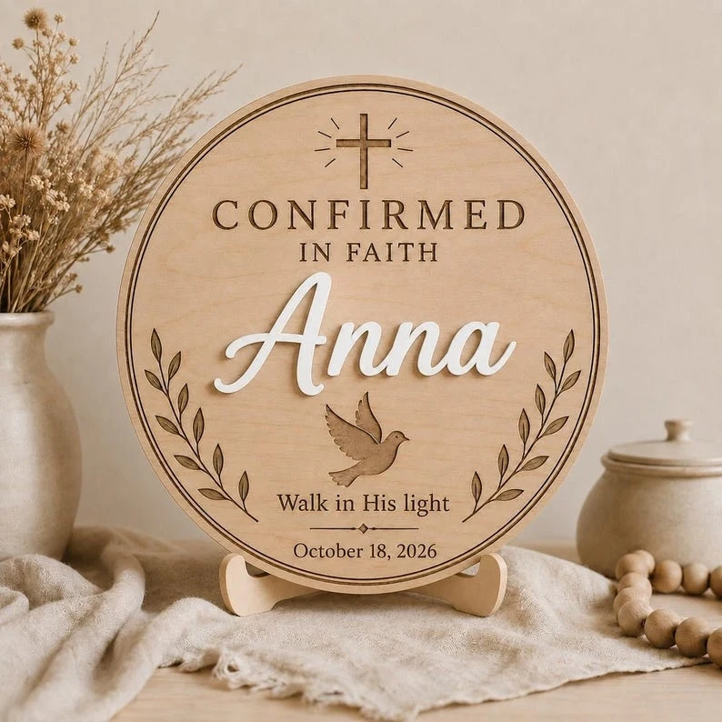 Personalized Confirmed In Faith Wooden Name Plaque,Custom Name & Date Round Confirmation Plaque, Keepsake, Birthday Wedding Gift