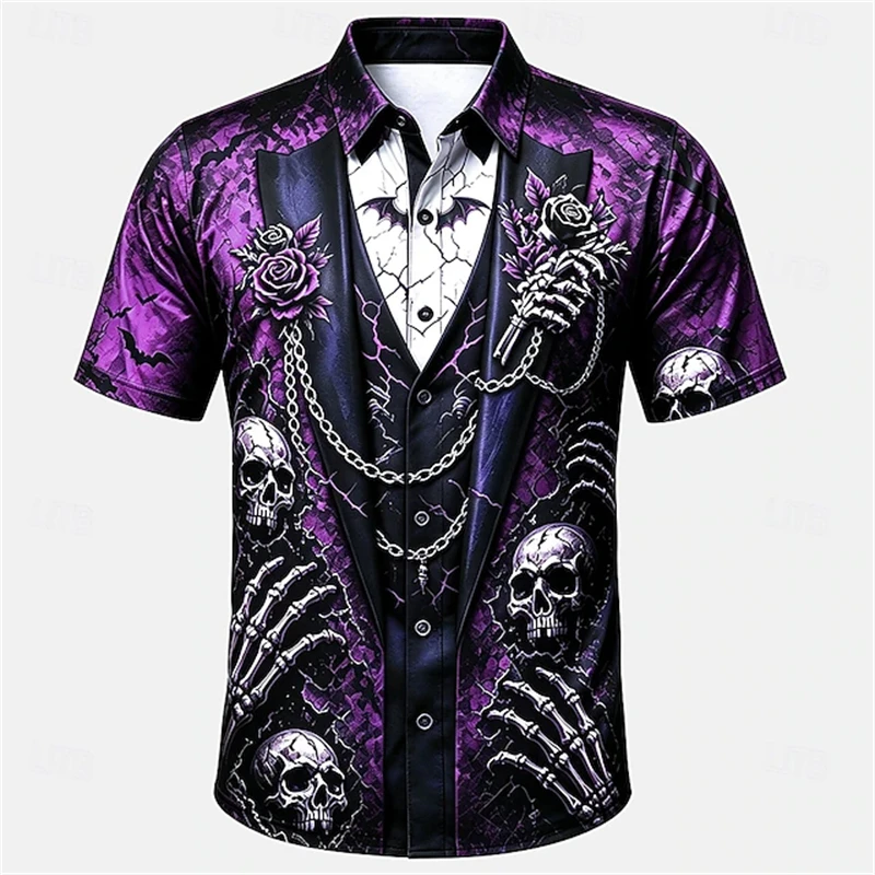 Halloween Men's Short-Sleeve Shirt, Spooky Skull Print Crew Neck Button-Up Shirt Stylish Collared Shirt Holiday Party Top