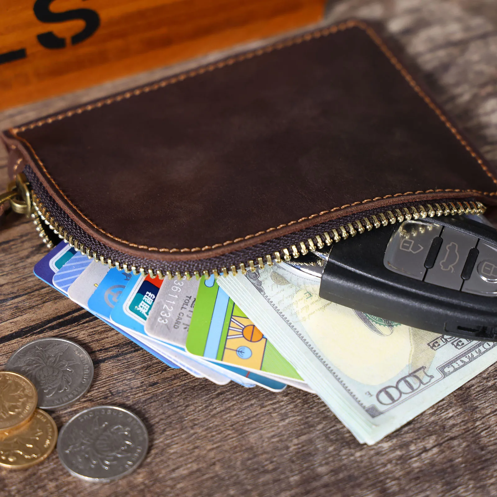 Echtes Leder Kartenhalter Einfache Mini-Geldbörse Mit YKK-Reißverschluss Crzay House Leder Perfekt zum Tragen von Münzen, Karten, Schlüsseln – Detail 14