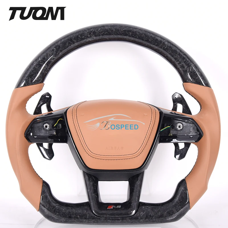 Car Steering Wheel For Audi RS6 C8 RS7 C7 B8 B9 TT A3 A5 A6 A7 R8 S4 A4 Forged Carbon Fiber Brown Smooth Leather Custom