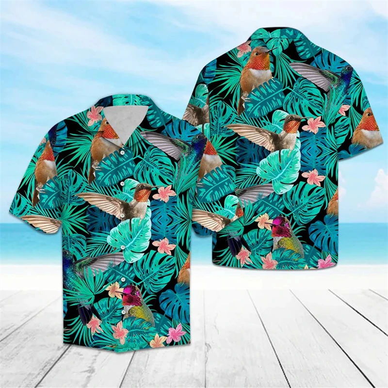 Camisas hawaianas con patrón de colibrí para hombre, camisa informal de verano para vacaciones, camisa con solapa estampada en 3D, blusa holgada y transpirable con botones