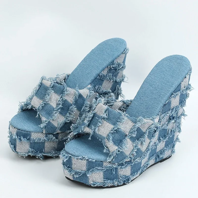 Eilyken Round Toe Platform Wedges High Heels Slippers Women Summer Fashion Denim Solid Sandals Concise Slides Female Shoes