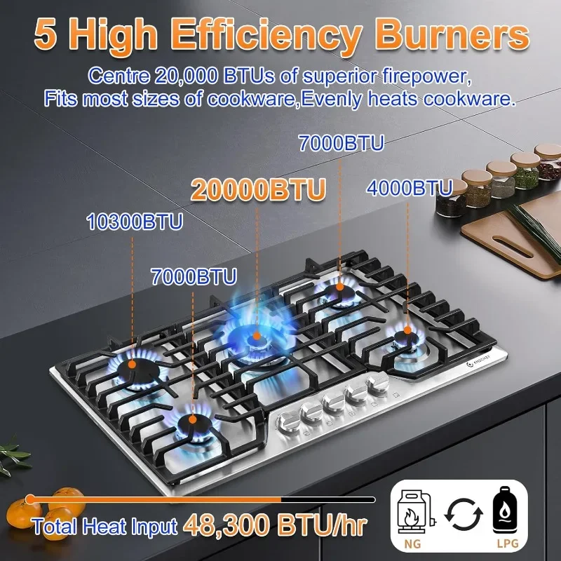 AMZCHEF 30 inch Gas Cooktop with 5 Made in Italy SABAF Power Burners.Max 48,300 BTU/hr Built-in Gas Stove top