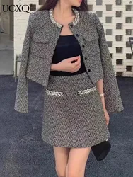 UCXQ Elegant Temperament Sets Office Lady Diamond Studded O Neck Woolen Coat Short Skirt Two-piece Set Women 2024 Spring Autumn