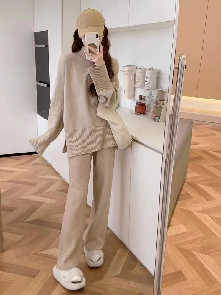 Autumn Winter Woolen Loose Knitted Two Piece Set Women Solid Half High Collar Splited Sweart+Wide Leg Pants Casual Outfits Suits