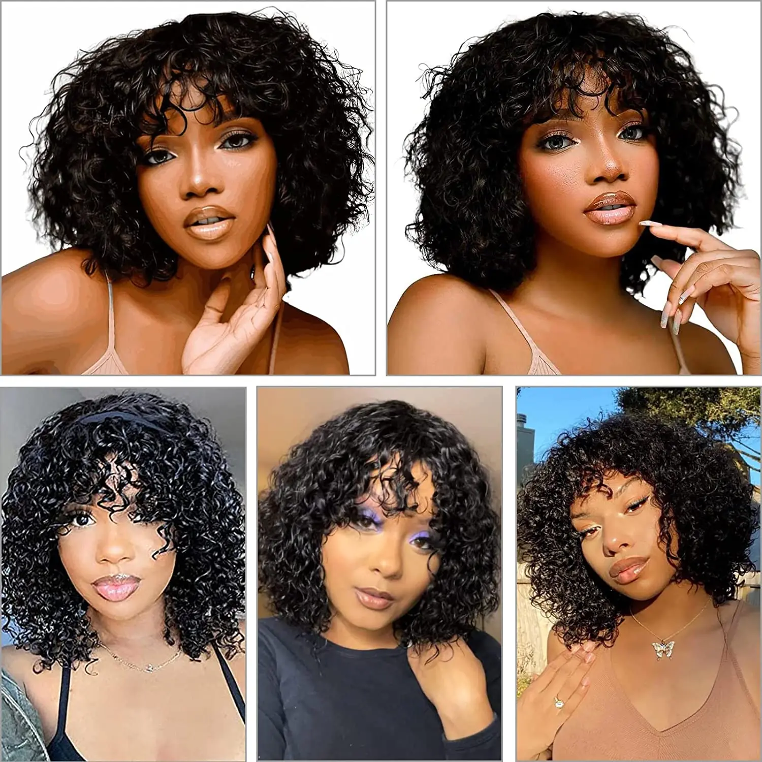 Water Wave Human Hair Wigs With Bangs Brazilian Remy Curly Human Hair Wigs For Women Full Machine Made No Lace Fringe Wig