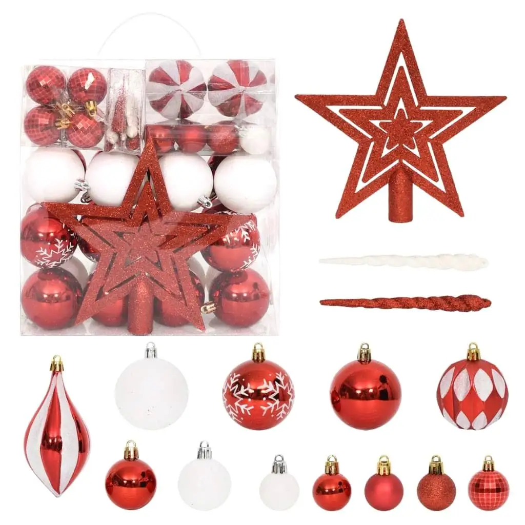 64-Piece Red & White Christmas Bauble Set – Holiday Ornaments for Festive Home Decor