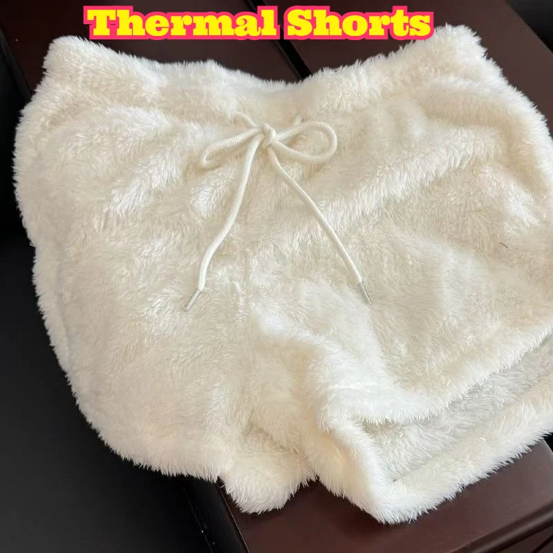 

Coral Fleece Thickened Warm Drawstring Shorts High Waist Wide Leg Elastic Waist Casual Winter Loose Soft Cozy Daily Lounge Wear