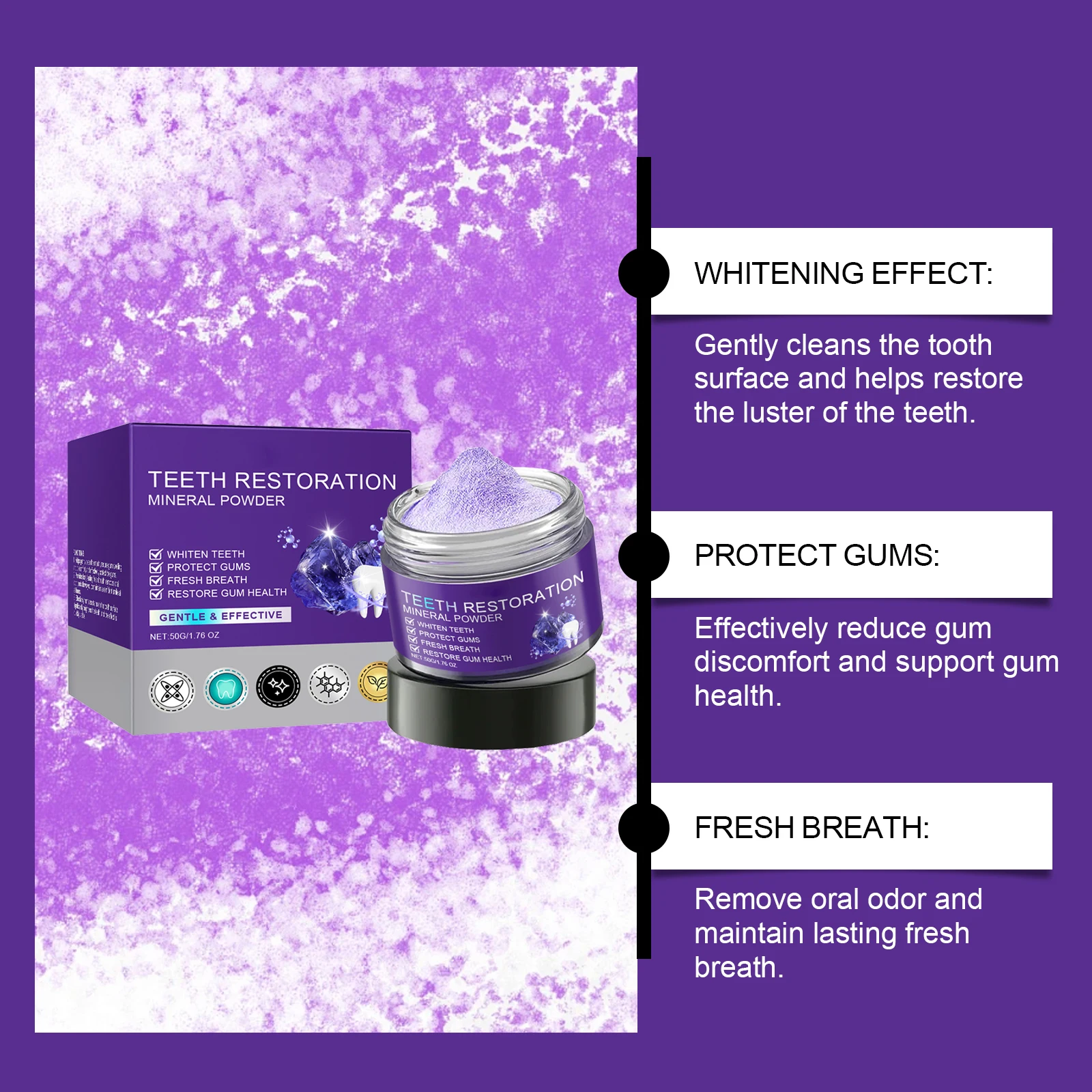 Mineralny proszek do renowacji zębów, fioletowy, naturalny proszek do zębów do wybielania, szybka usuwanie przebarwień, rozjaśnia, odświeża oddech.