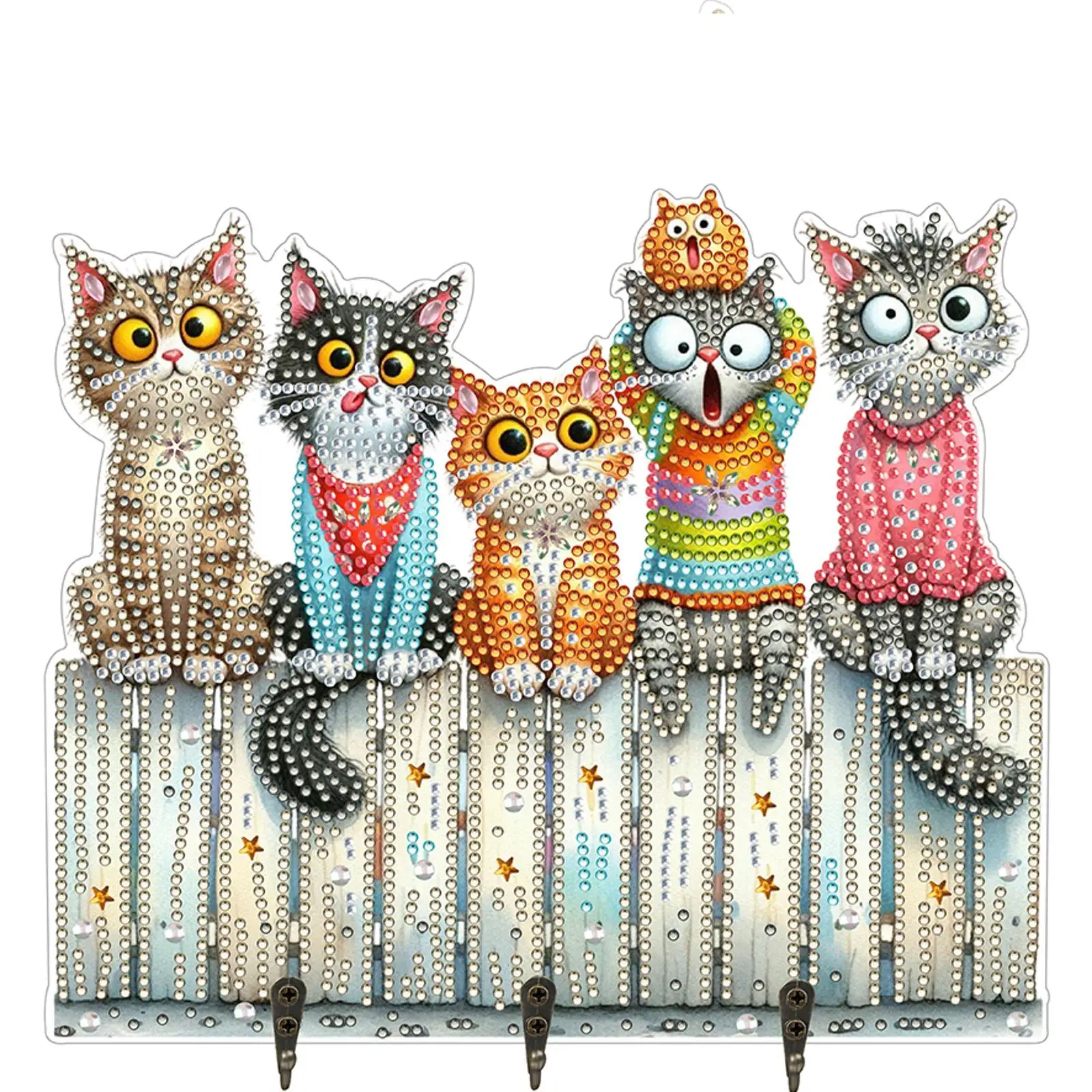 

Diamond Art Kits for Adults 2D Flat Funny Kitten DIY Diamond Art Painting Key Holder for Wall with 3 Hooks for Hanging Keys, Bag