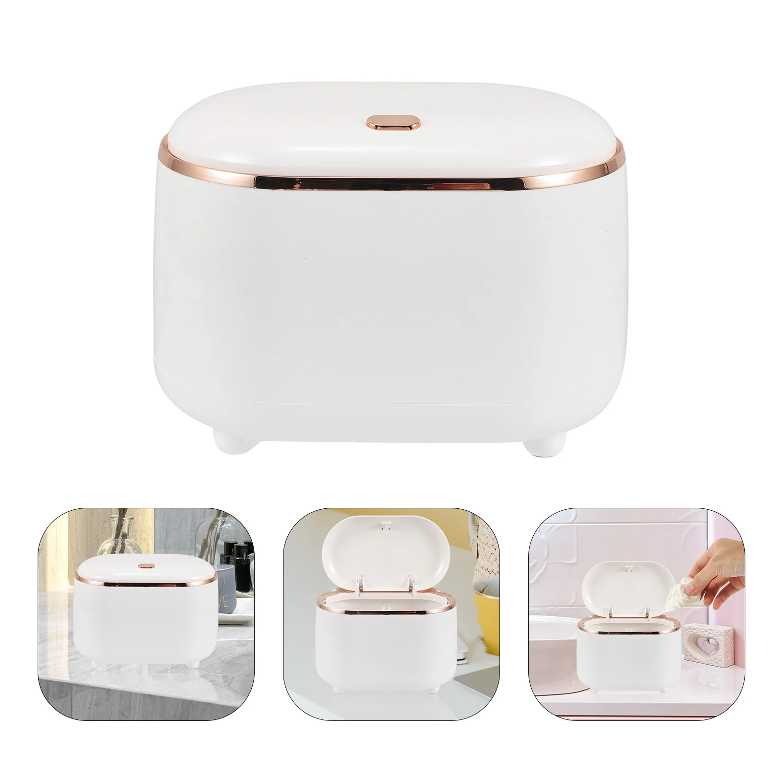 

Oval Desktop Press Top Trash Can Plastic White Lidded Garbage Bin Office Bedroom Bathroom Small Waste Basket Trashcan