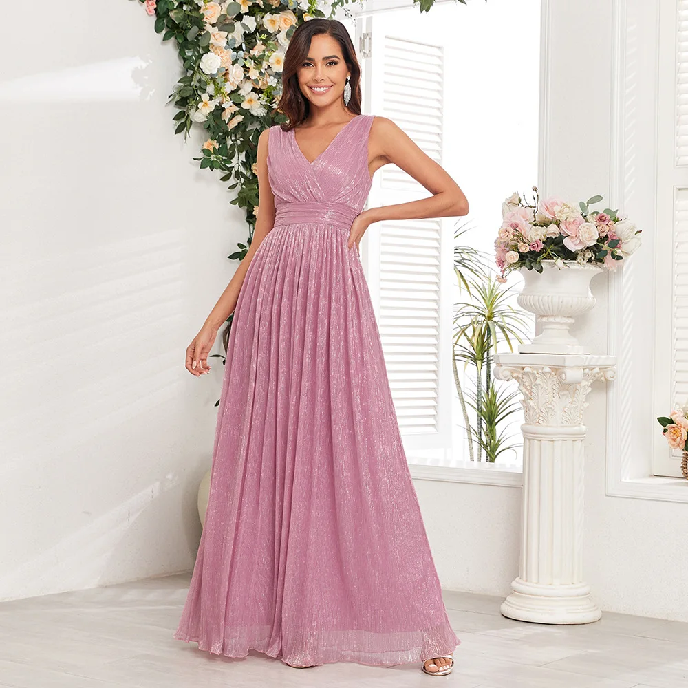 

Pleated Glitter Evening Party Dress Double V Neck A-Line Prom Maxi Dress Short Sleeve Back Zipper Fully Lined Wedding Party Gown