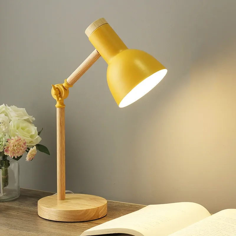 Nordic Wooden Table Lamp, Adjustable Swing Arm LED Desk Light, Eye-Care Reading Lamp for Bedroom Living Room Study Home Office