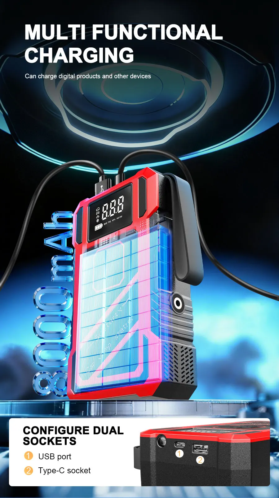 12V Tragbarer Auto-Starthilfe-Kompressor 150PSI, 2-in-1 Auto-Batterie-Notfall-Booster Powerbank, Auto-Elektronik-Zubehör – Detail 4