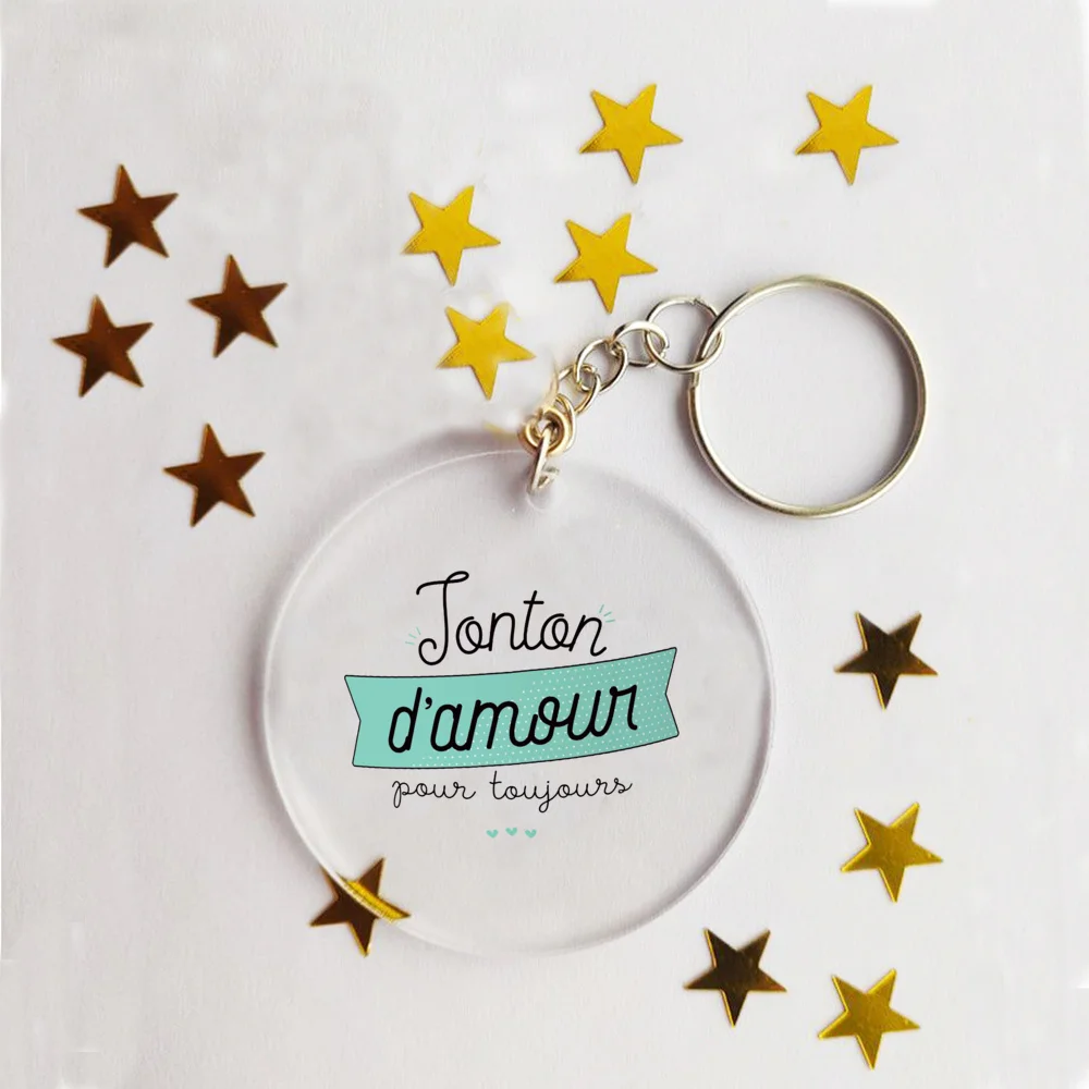 French Print Key Keychain Transparent Circle Chain Acrylic Keyring Festive Birthday Gift for Grandma Grandpa Aunt Uncle Mom Dad