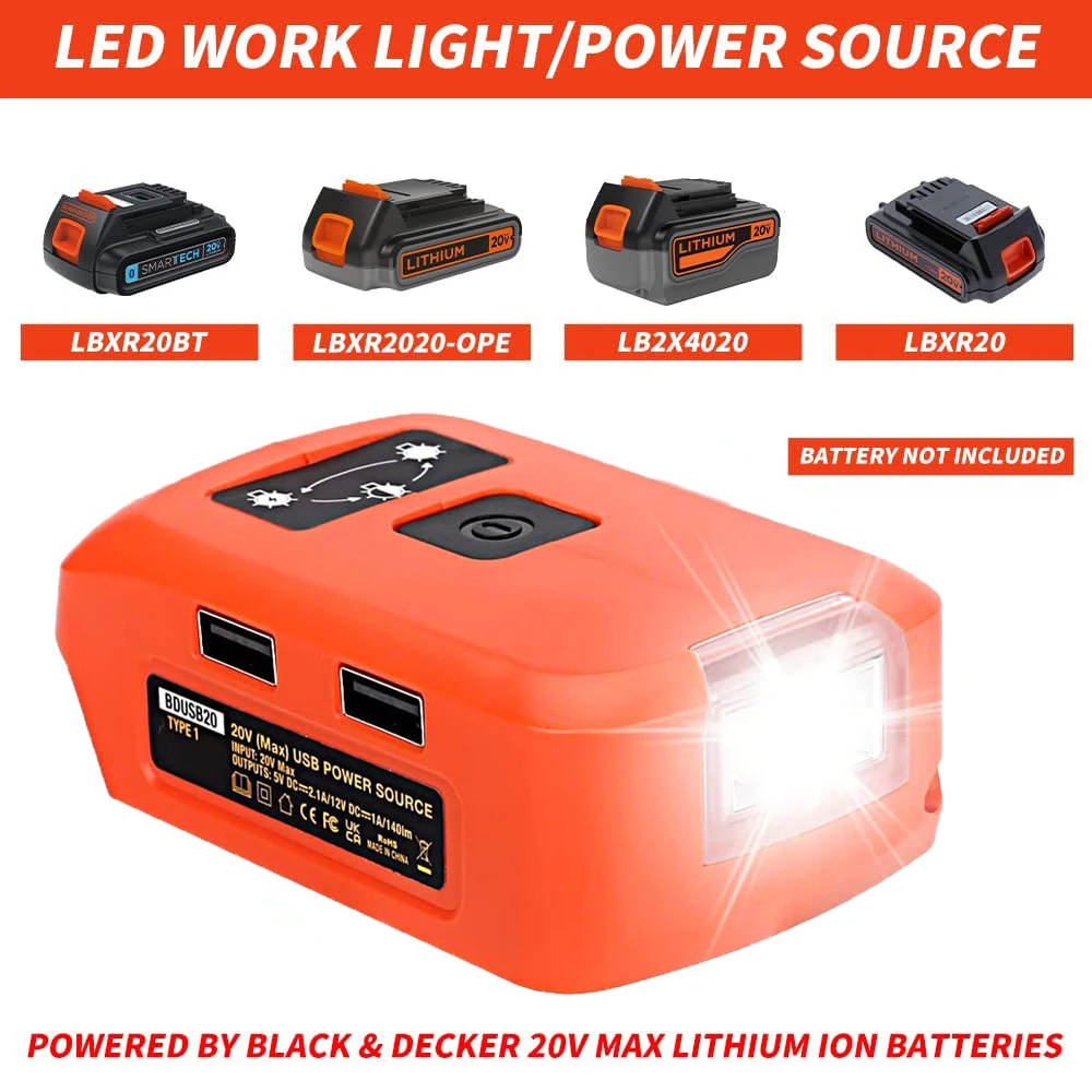 Luz de Trabalho Conduzida Adaptador de Bateria do Porto de Usb 12v dc para Preto & Decker 14.420v Li-ion Bateria Lanterna Iluminação de Emergência Lcs120