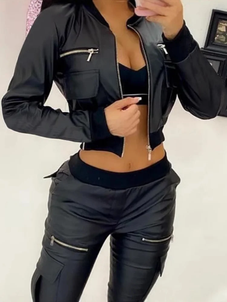 

Solid Color PU Leather Zipper Short Jacket Pocket Women Long Sleeve Baseball Jacket Ladies Street Fashion Motorcycle Clothes