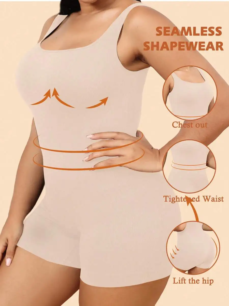 

Seamless Plus Size Women’s Solid Bodysuit With Shorts For Body Shaping