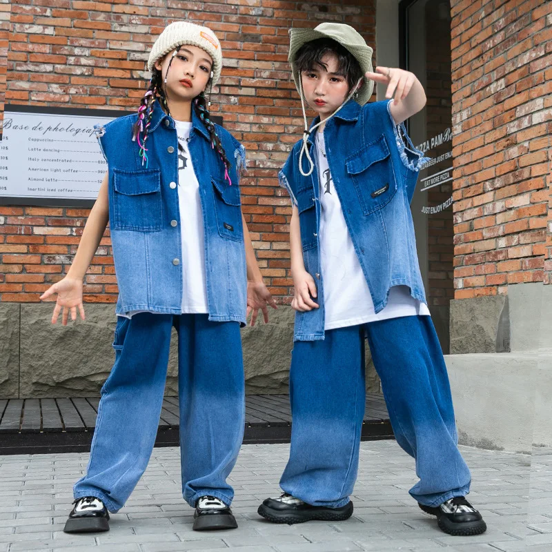 Kids Kpop Hip Hop Clothing Gradually Color Denim Vest Top Streetwear long Pants for Girls Boys Jazz Dance Costume Clothes