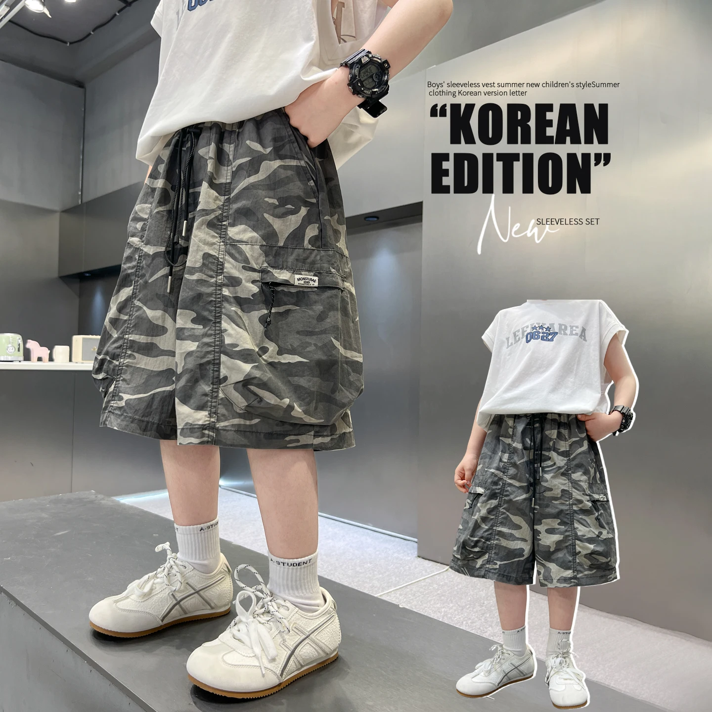 Summer New Boy's Camouflage Shorts Outdoor Green Tactical Sports Sweatpants Fashionable Kid's Clothing Street-Style Daily Shorts