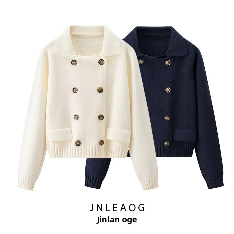 

Faionable Knitted Jaet Women's Autumn New Sle Button Collar Versatile Polyester Fiber Long Sve Open Cardigan Coat