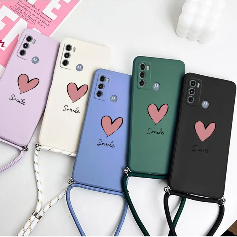 G60 Big Red Heart Lanyard Silicone Phone Case For Motorola Moto G60 G42 G62 G54 G30 G60S G40F G72 G34 G100 G22 G84 G24 G52 Cover