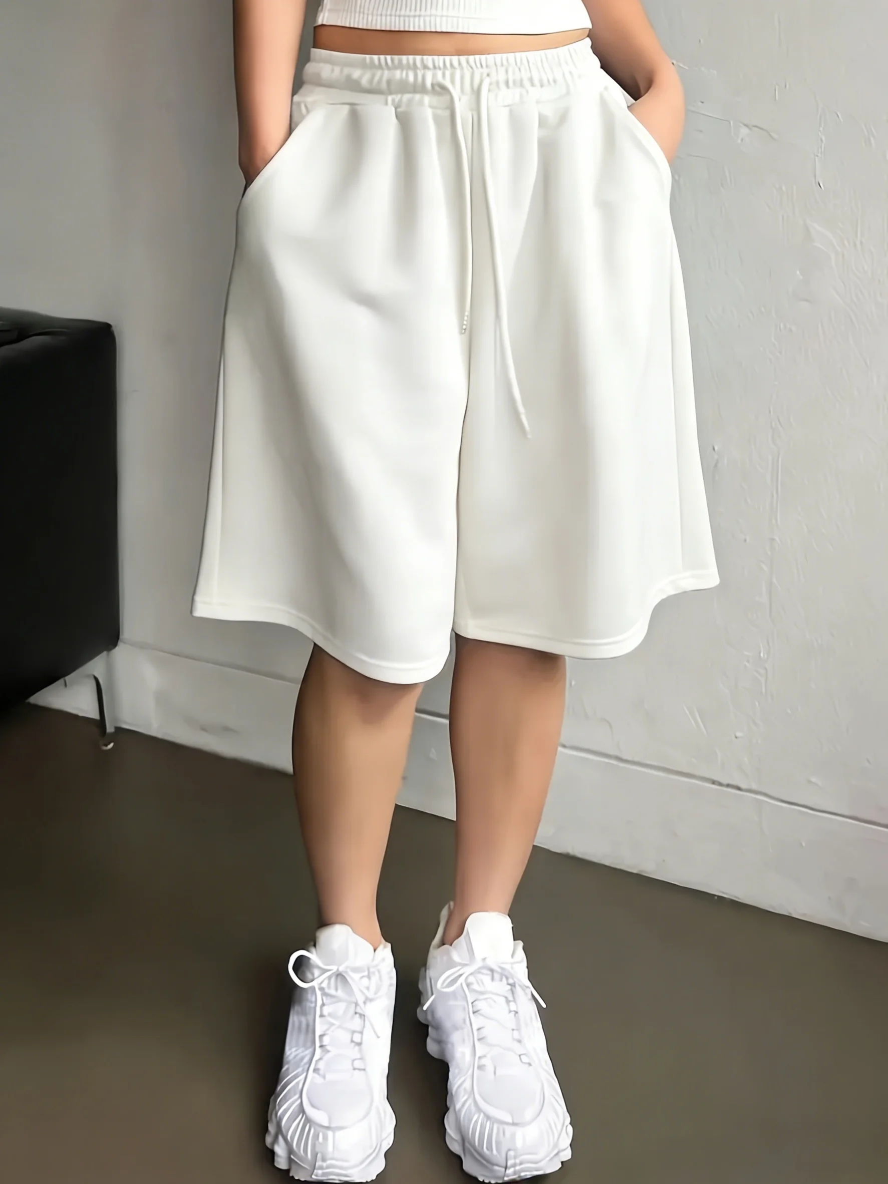 

Women'S Casual Solid Color Machine Washable Fabric with Drawstring Pocket Shorts Suitable for Daily Casual Outing