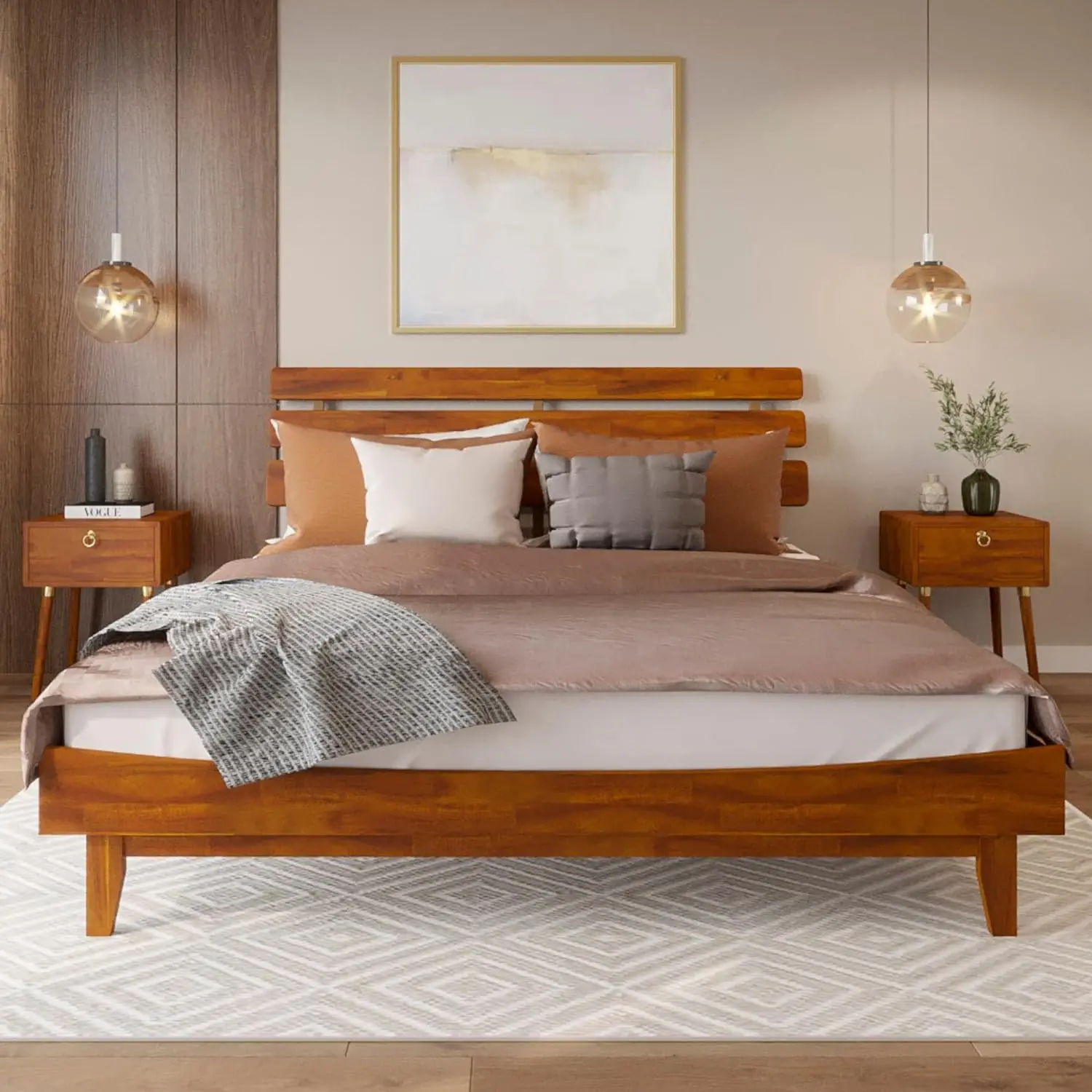 

Bme Caden 15 Inch Deluxe Bed Frame with Adjustable Headboard - Mid Century, Retro Style with Acacia Wood