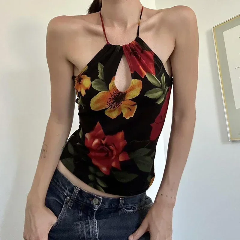 Cut Out Front Women Sexy Halter Tank Tops Vintage Floral Print Backless Cami Top Y2K Fashion Slim Vest Summer Outfits