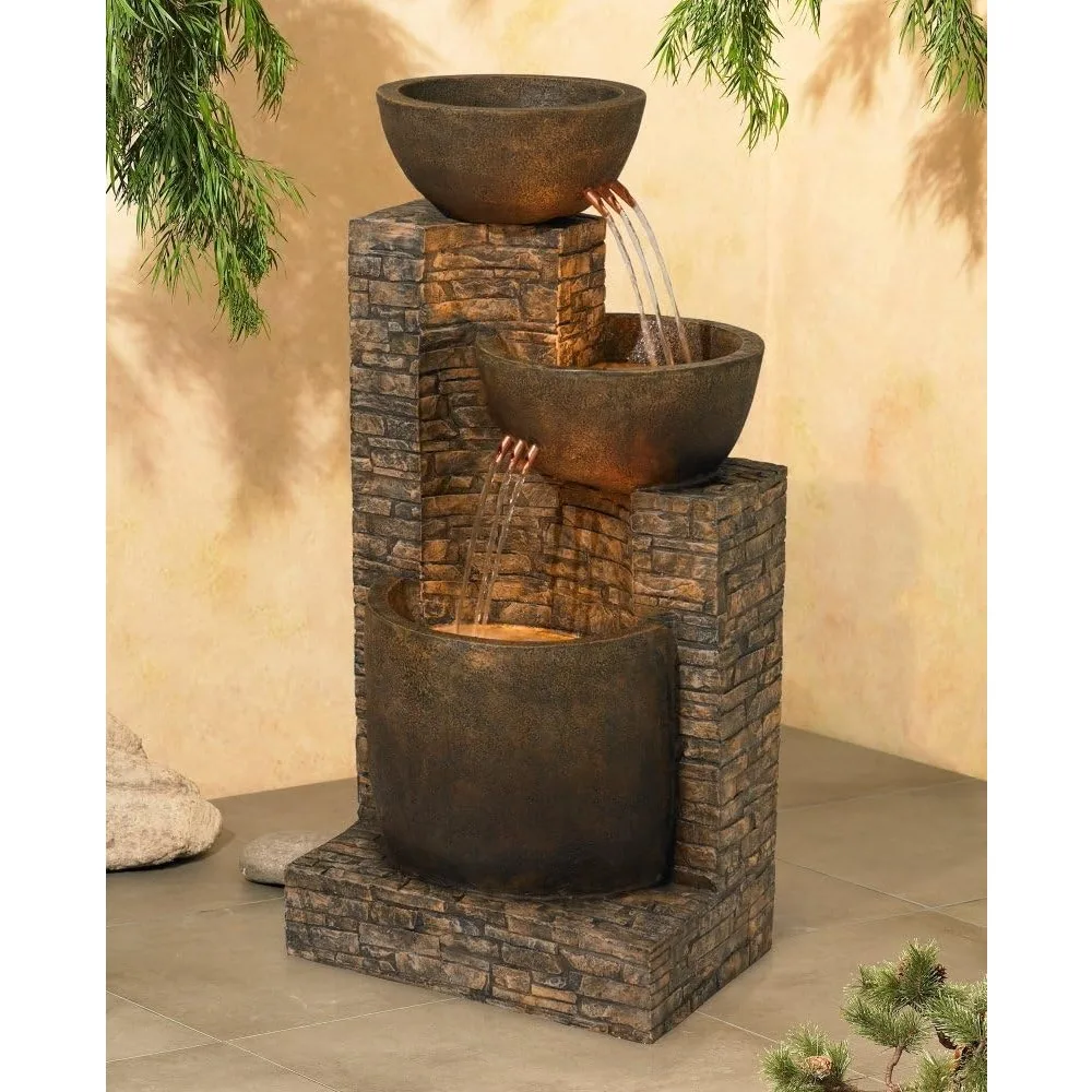 

5" Outdoor Floor Water Fountain, with LED Light Cascading Three Bowls for Garden Patio Backyard Deck, Outdoor Fountain