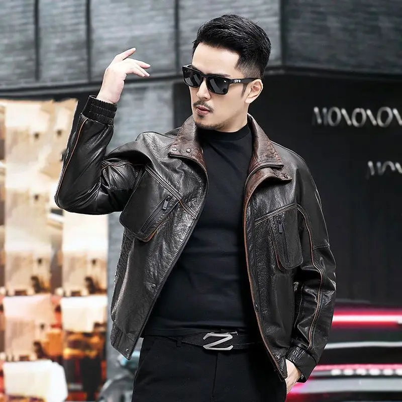 

Men's Genuine Leather Jacket Man sheepskin Lapel Slim Fitting Motorcycle Leather Jacket Male Handsome Trendy Short Jacket Coat