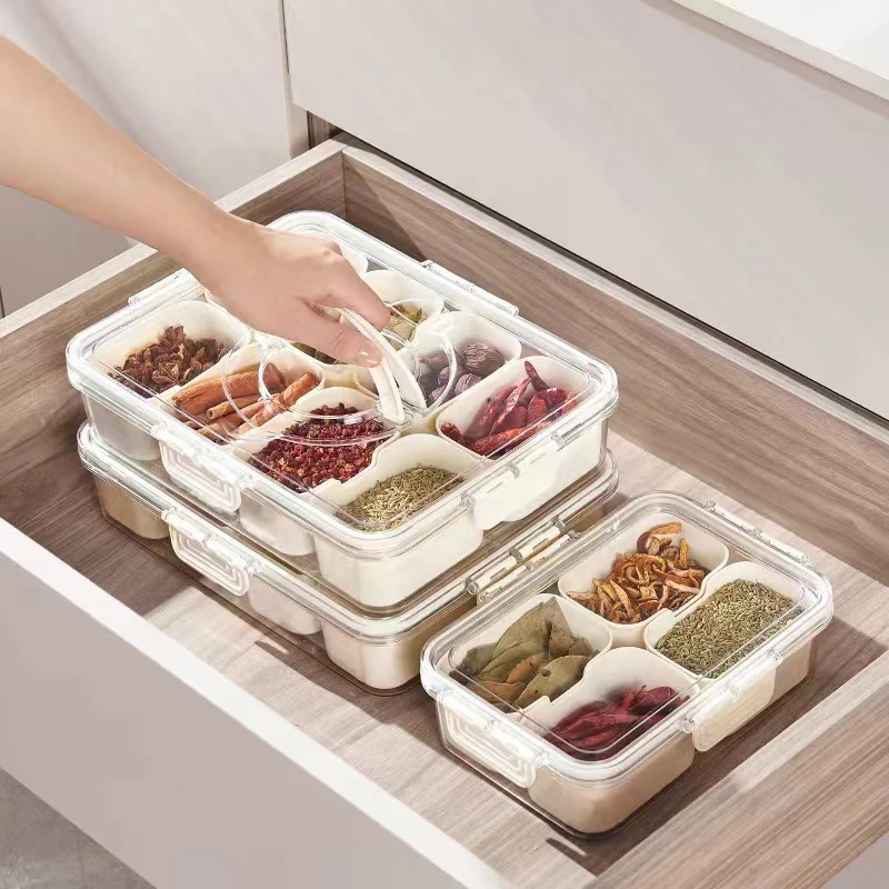 

4/8 Grid Divided Veggie Fruits Serving Tray With Lid Kitchen Spice Storage Box Portable Snack Container For Biscuits Candy Nuts