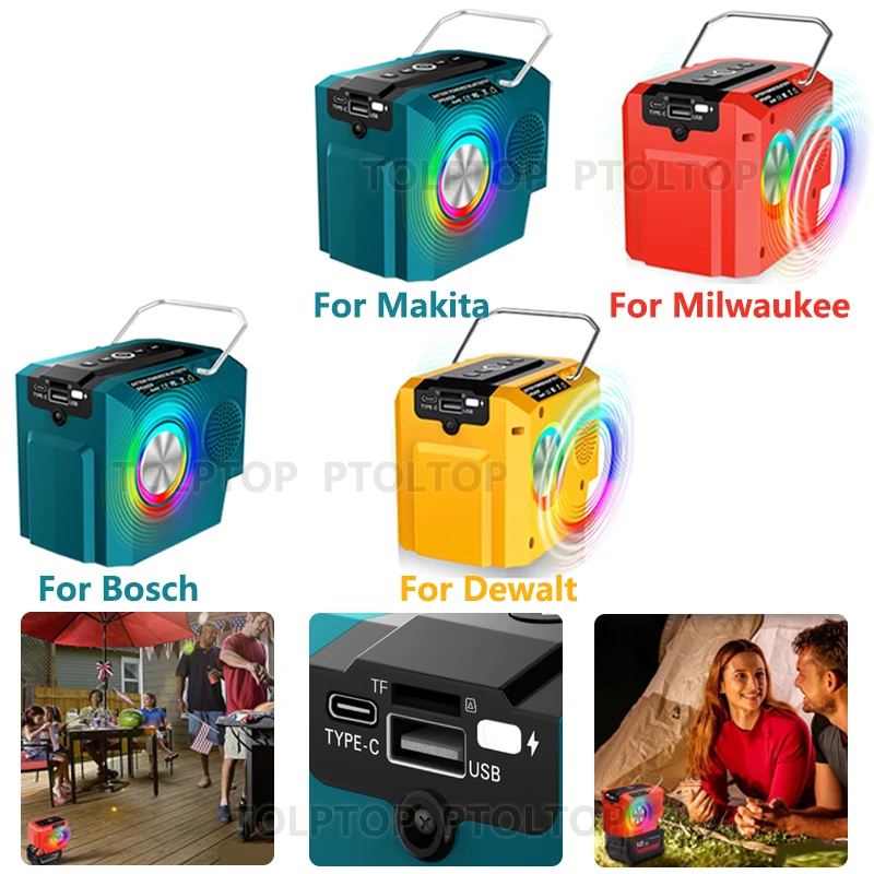 Portable Bluetooth Speaker Radio ForMakita/Dewalt/Milwaukee/Bosch 18-20V Li-ion Battery With USB Type-C output Port Player Party