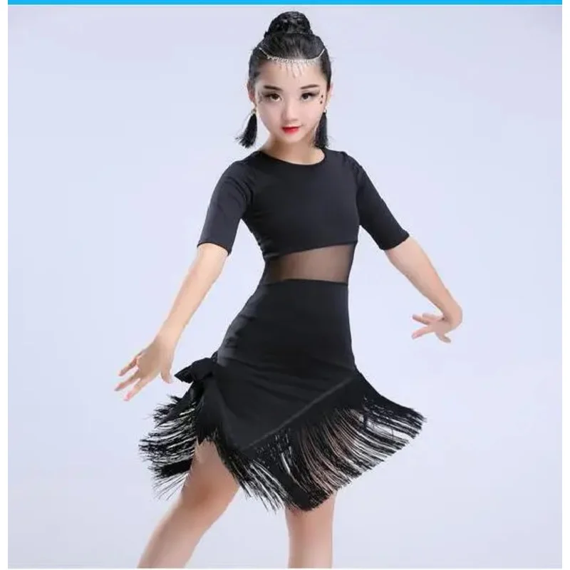 1 pcs/lot child girls Latin dance dress fringe Latin dance clothes salsa costume black red ballroom tango dresses