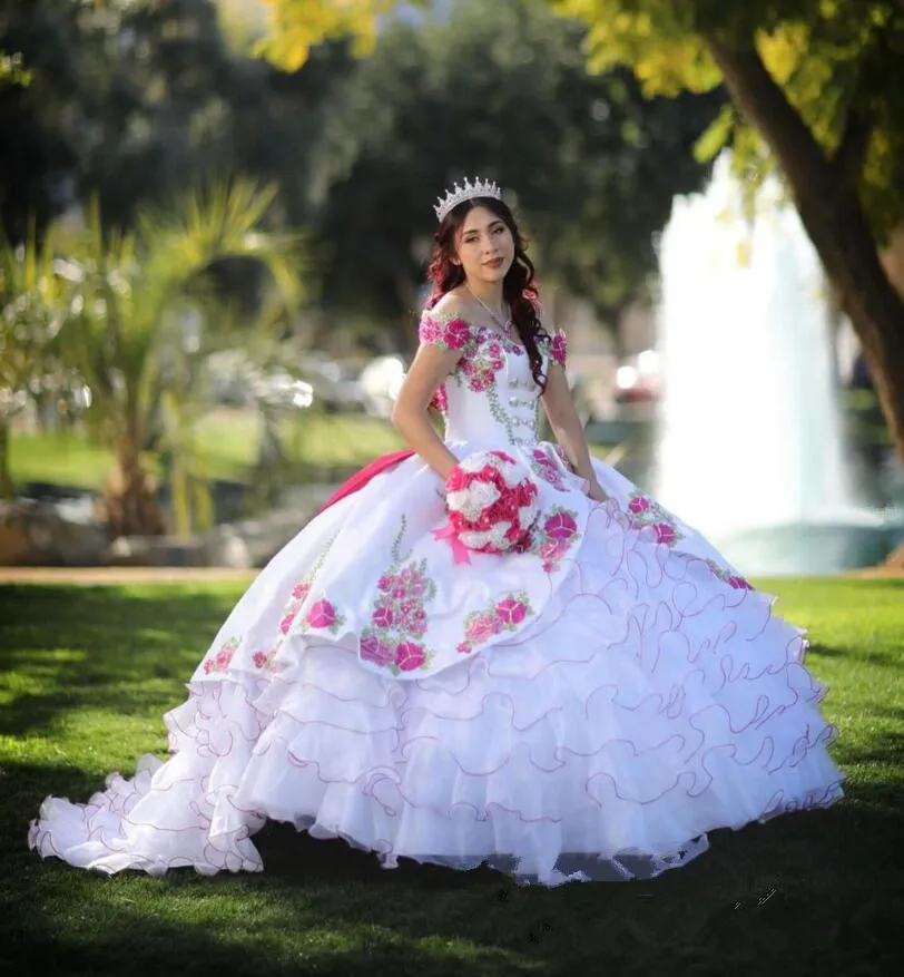 White Princess Mexican Charro Quinceanera Dresses Off Shoulder Floral Applique Ruffles Corset vestidos de xv años Sweet 16 Prom