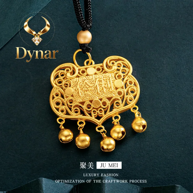 Dynar Jewelry   Smart bell lock pendant 9999 24K 3D hard gold baby lock necklace childrens lucky real gold small lock bag birthd