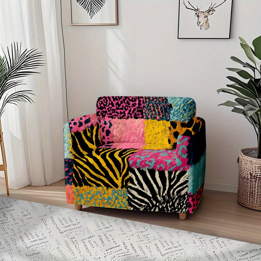 1pc Vibrant Colorful Patchwork Animal Print Stretch Sofa Cover, Removable Washable Couch Slipcover for Bold Boho Home Decor view 4
