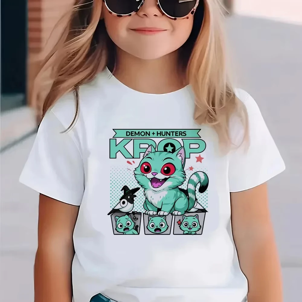

Korean Trendy Devil Hunter Printed Children's Summer 100% Pure Cotton T-shirt for Boys and Girls, New Summer Style Top