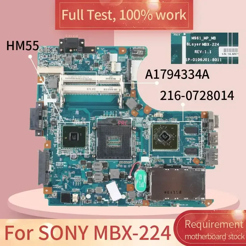 

For SONY MBX-224 M960 1P-0106J01-8011 A1794334A 216-0728014 HM55 DDR3 Notebook motherboard Mainboard full test 100% work