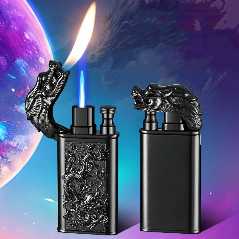 Windproof 3D Dragon Double Flame Lighter Metal Double Flame Conversion Jet Inflatable Portable Lighter Trendy Men\'s Gift